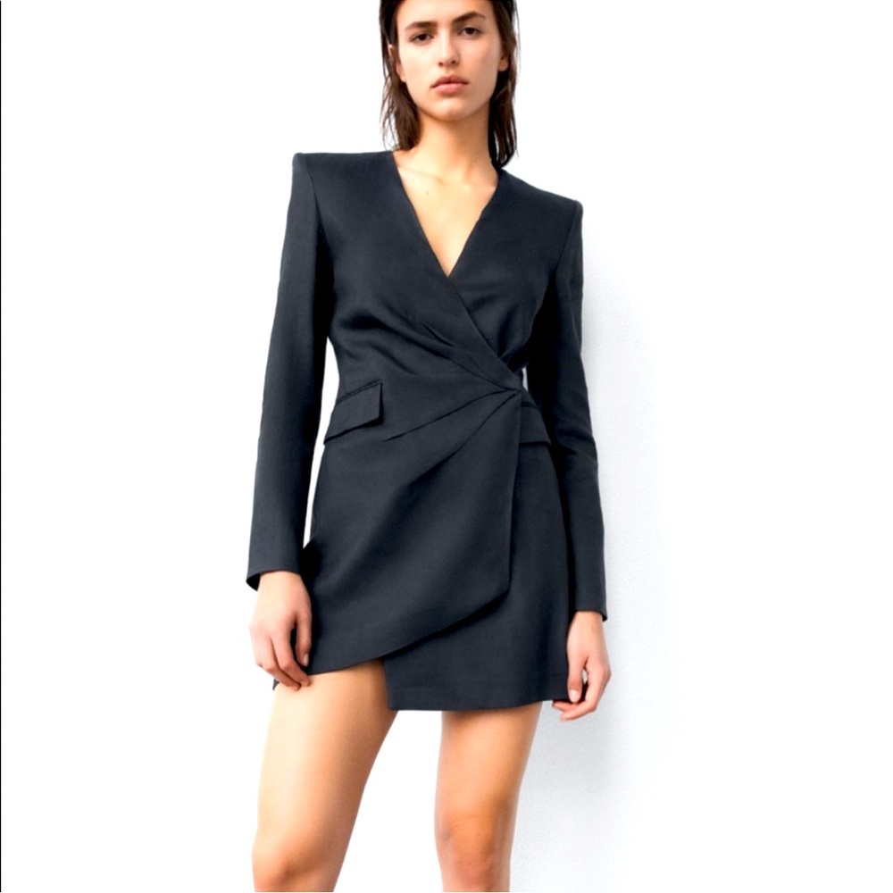 ZARA Blazer Dress Asymmetrical Black Draped Jacket